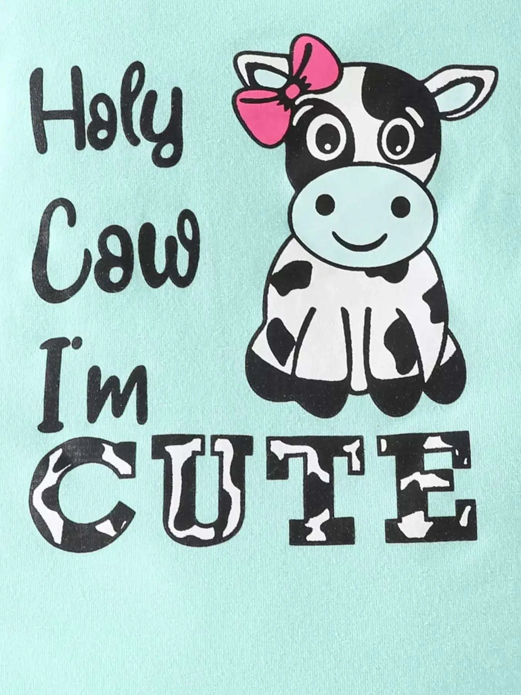 Light blue cow graphic bodysuit with ruffled sleeves, front design close-up
