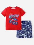 Red graphic short-sleeve tee and blue patterned shorts set