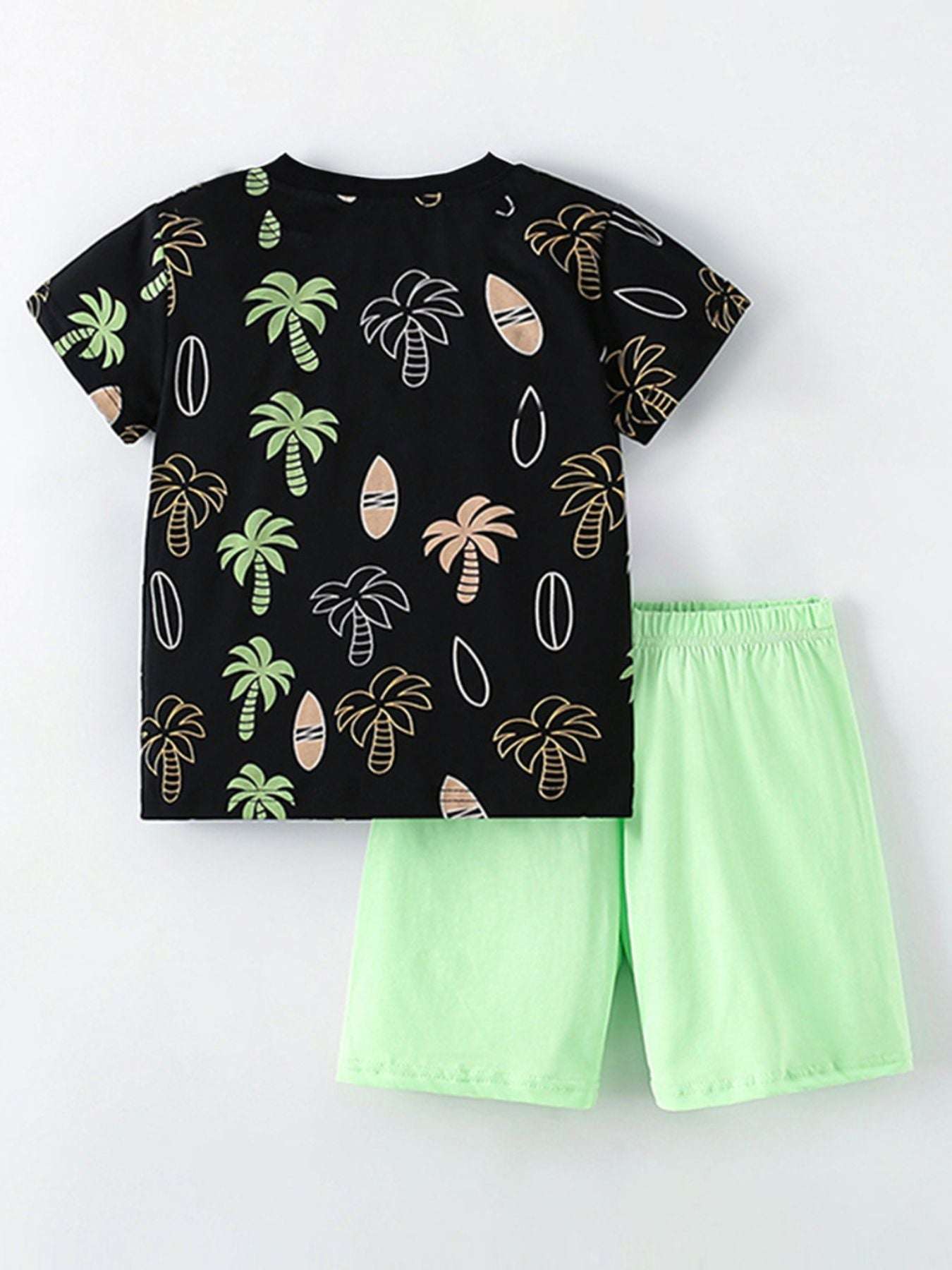 Black tropical print short-sleeve tee with matching light green shorts