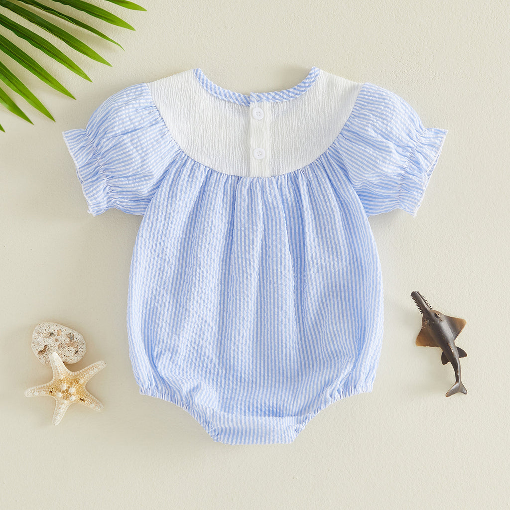 Summer Blue and White Stripe Swordfish Embroidery Romper Short Sleeve Baby Cute Bodysuit Summer Outfit