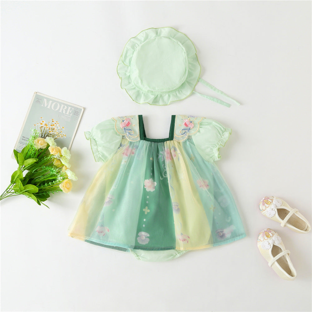 Summer Girls' Short Sleeve Retro Baby Hanfu Strapless Baby Romper, Baby Tang Suit Romper Dress