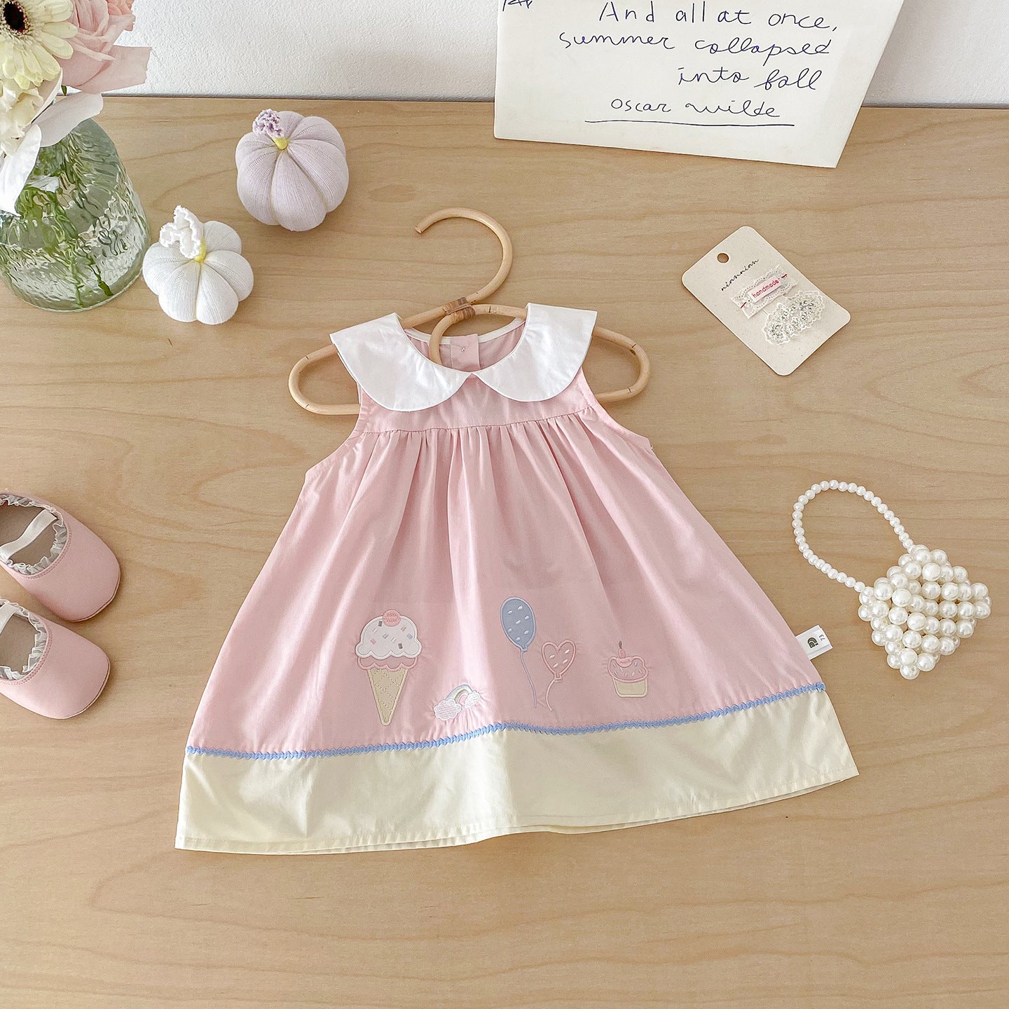 Summer New Style Baby Sweet Cartoon Cotton Backless Dress, Baby Charming Peter Pan Collar Dress