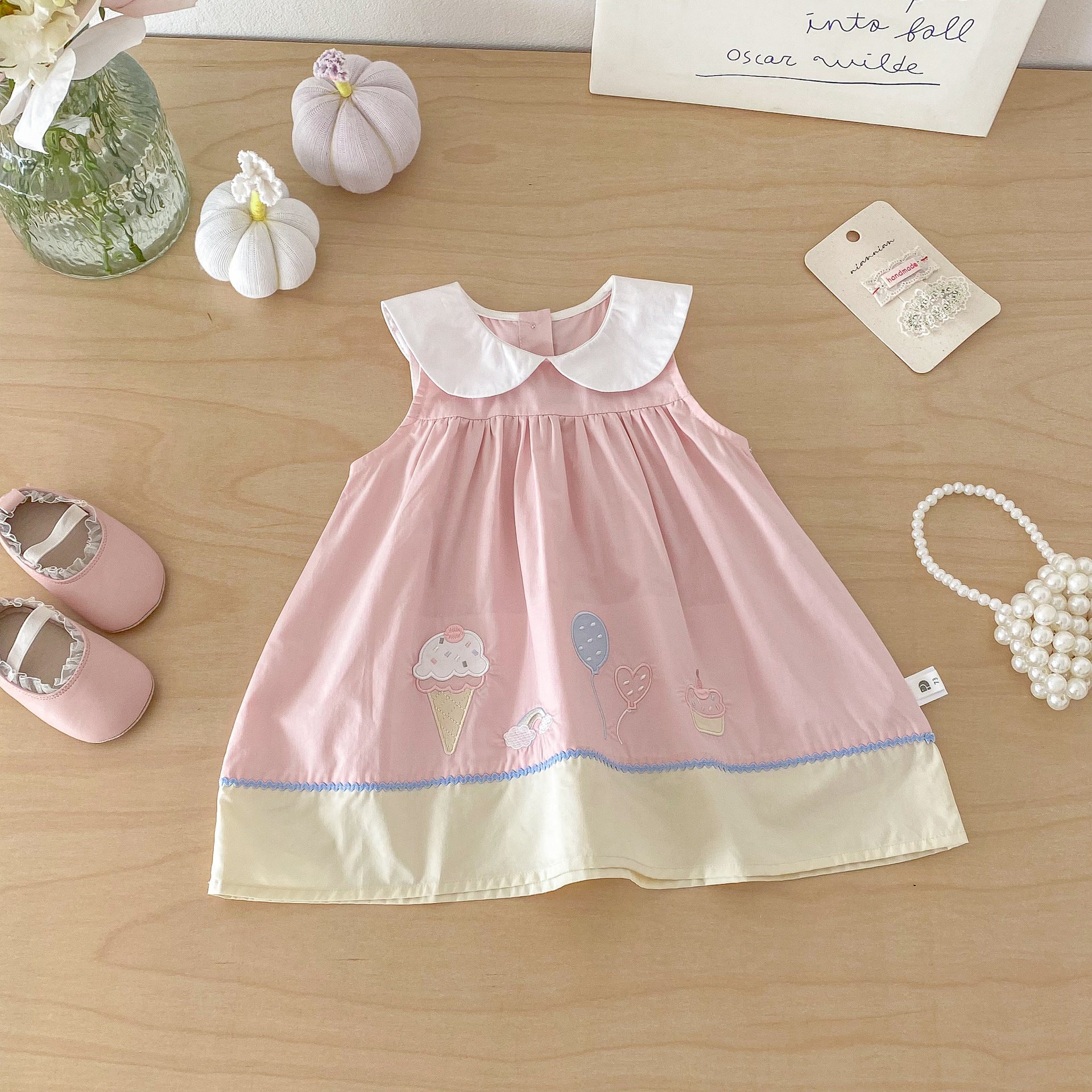 Summer New Style Baby Sweet Cartoon Cotton Backless Dress, Baby Charming Peter Pan Collar Dress