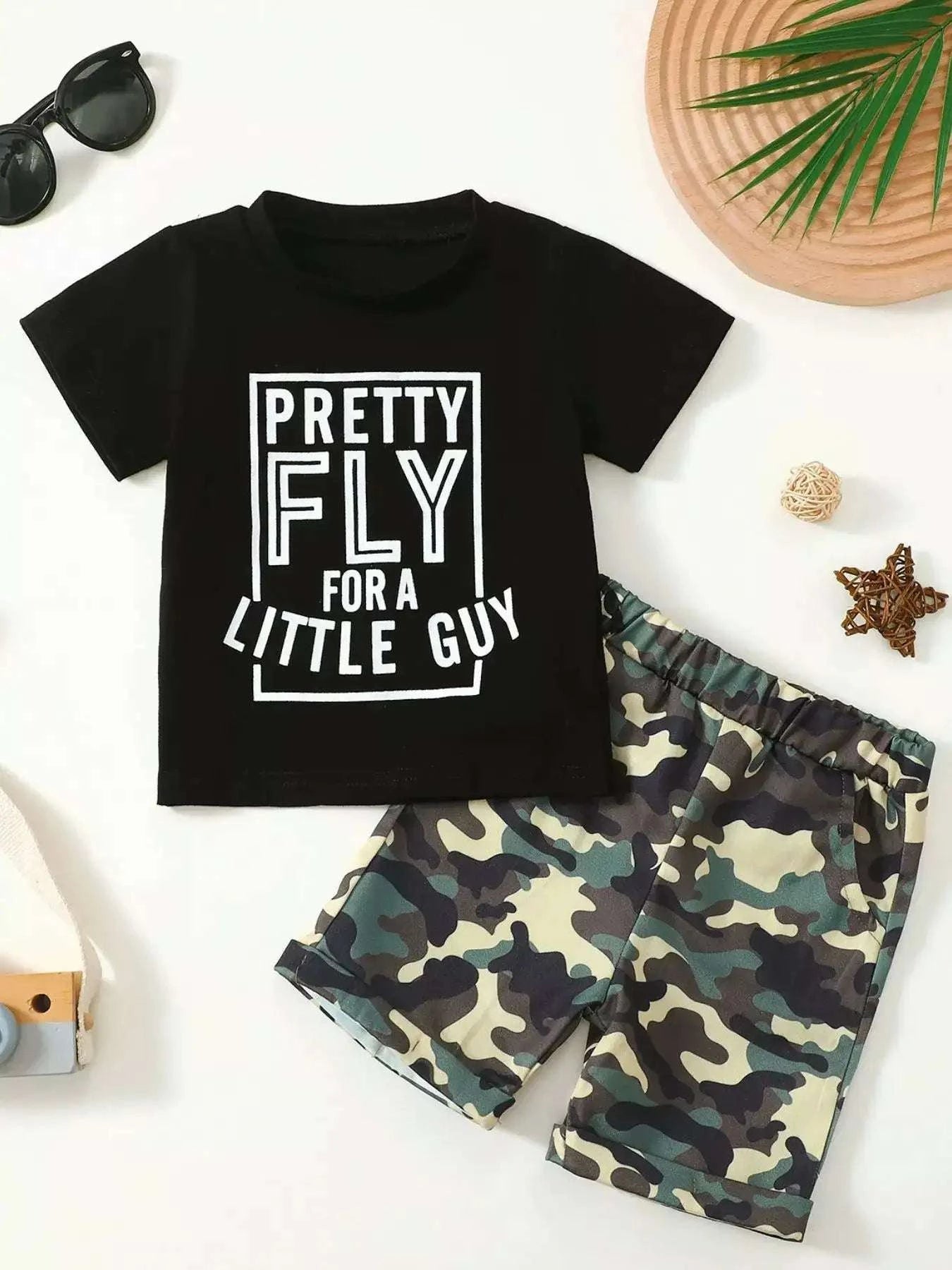 Kids black graphic tee and camouflage shorts set, "PRETTY FLY FOR A LITTLE GUY"