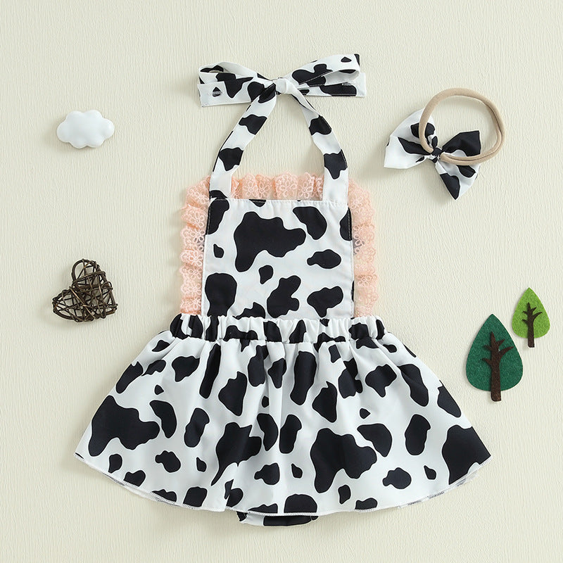 Cute Baby Cow Print Halter Bodysuit with Cow Applique, Lace Trim Skirt + Headband
