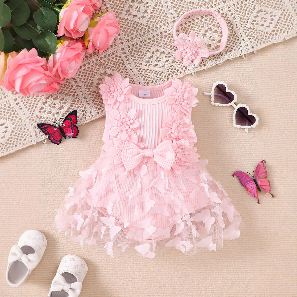 Cotton Baby Romper with Stripes and Butterfly Design, Sleeveless One-Piece Outfit with Headband for Girls, Summer Casual Wear