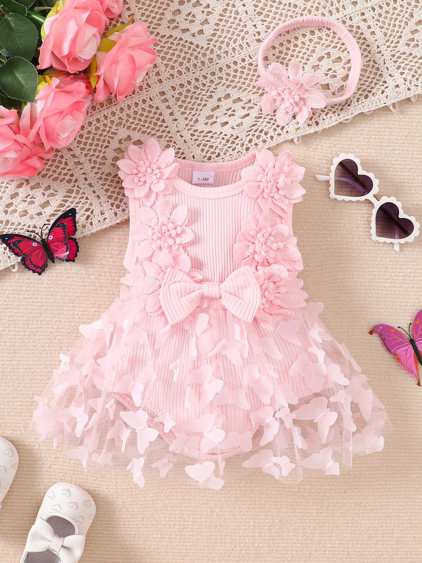 Cotton Baby Romper with Stripes and Butterfly Design, Sleeveless One-Piece Outfit with Headband for Girls, Summer Casual Wear