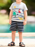 Kids dinosaur graphic T-shirt and striped shorts set, light gray with navy-and-white stripes