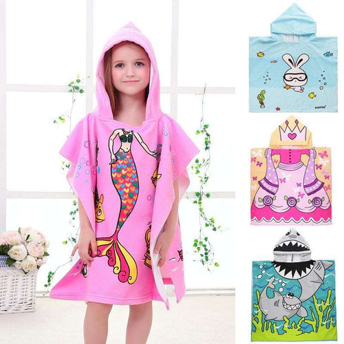 Kids hooded microfiber beach towel, pink with colorful cartoon sea animals and mermaid