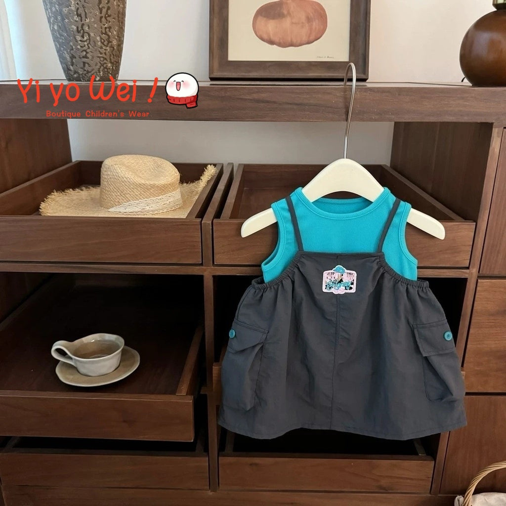 Two-Piece Set for Girls  Sleeveless Top and Overall Dress Baby Outfit