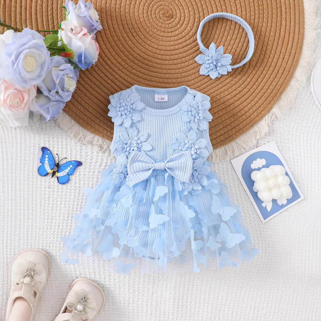 Cotton Baby Romper with Stripes and Butterfly Design, Sleeveless One-Piece Outfit with Headband for Girls, Summer Casual Wear