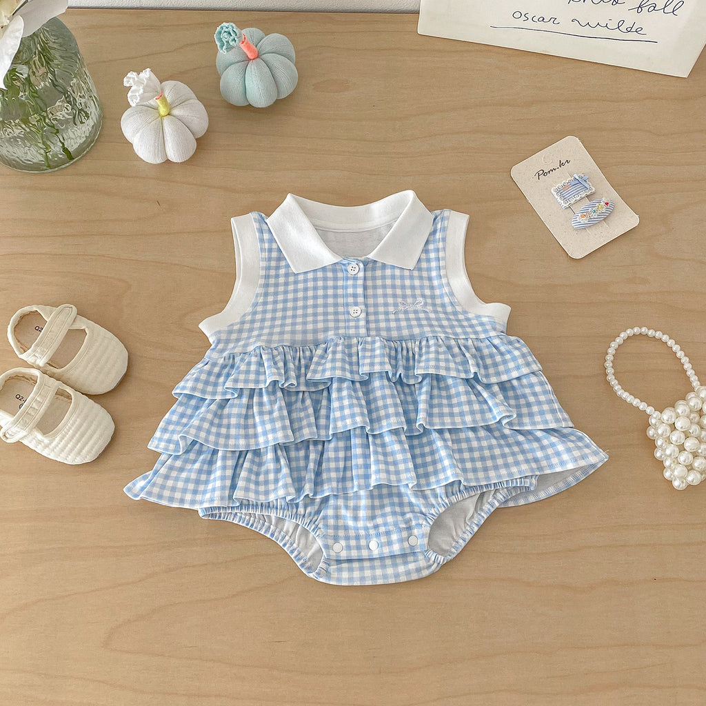Summer New Baby Girl Checkered Princess Dress, Sleeveless Romper with Open Crotch, Baby Bodysuit Skirt