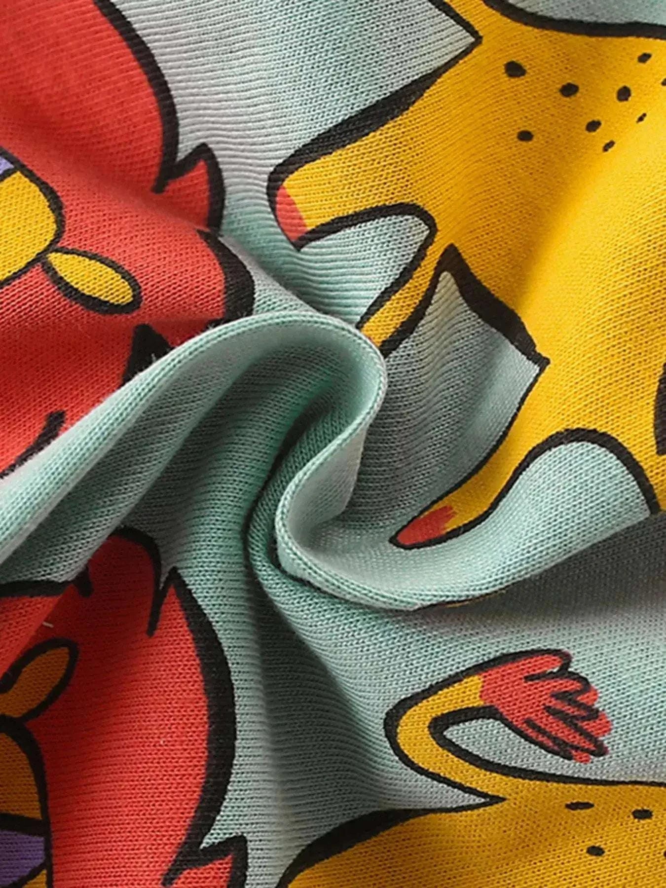 Sage green jersey fabric with multicolor lion illustrations