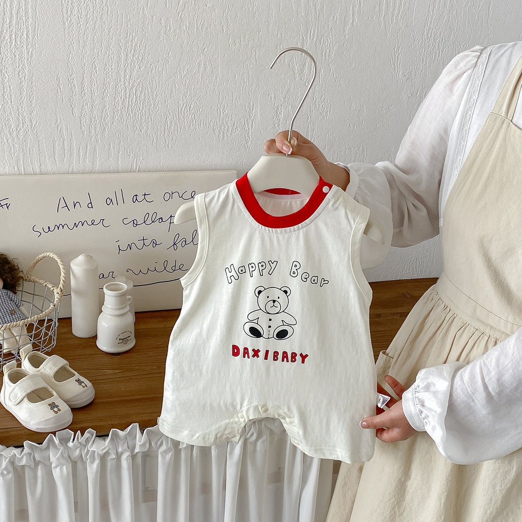 Cute Cartoon Bear Print Baby Romper Knitted Sleeveless Bodysuit for Summer, Fashionable Infant One-Piece Clothes