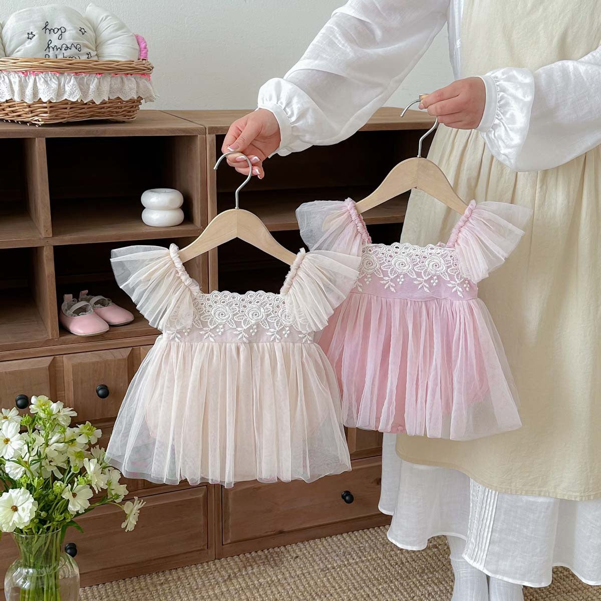 Baby Summer Lace Trim Flutter Sleeve Bodysuit Dress, Girl Baby Full Moon First Birthday Princess Dress, Tulle Dress