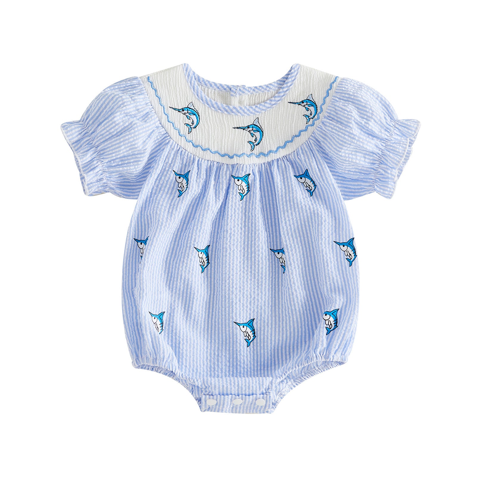 Summer Blue and White Stripe Swordfish Embroidery Romper Short Sleeve Baby Cute Bodysuit Summer Outfit