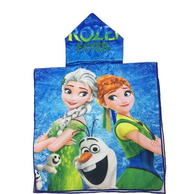 Kids hooded beach towel, blue microfiber with cartoon character faces and animal prints