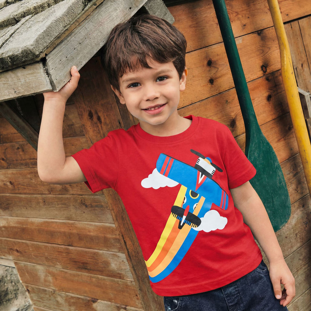Plane Print Short Sleeve Round Neck Kids T-shirt