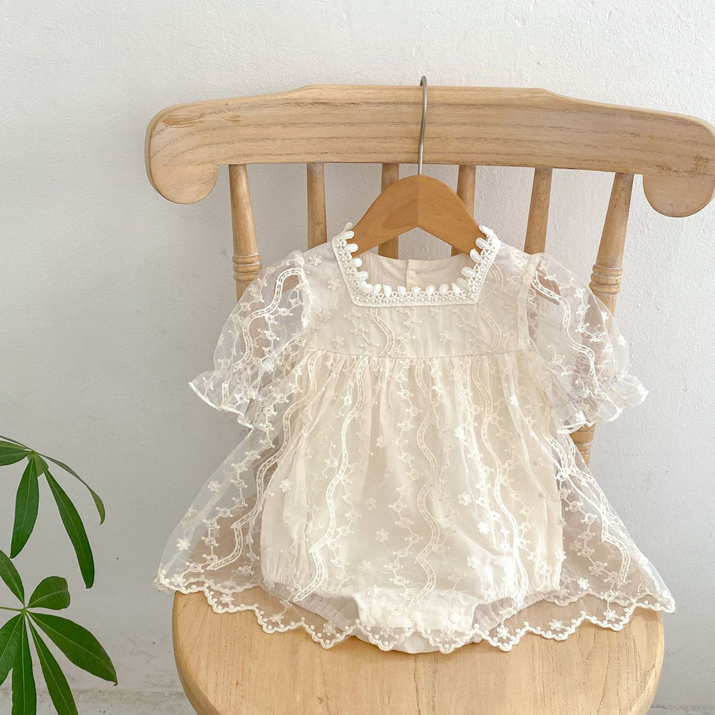 Baby Romper Short Sleeve Mesh Onesie Sweet Princess Embroidered Baby Dress Outfit for Celebration Crawling Suit