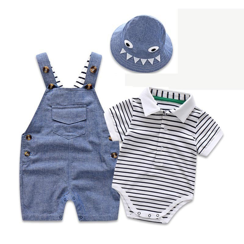 Cute Baby Boy Overalls Set Summer New Shark Stripe Infant Clothing Toddler Summer Outfit
