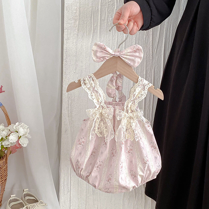 Cute Floral Baby Girl Romper with Lace Butterfly Ties Sleeveless Dress for Summer