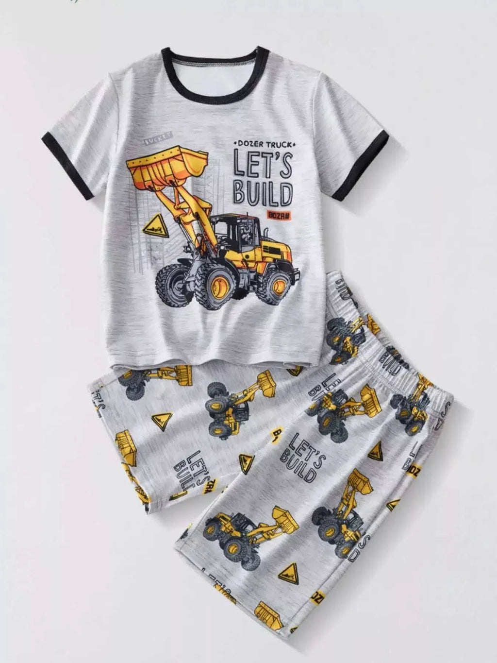 Heather gray kids tee and shorts set with black trim and dozer truck graphic print