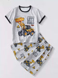 Heather gray kids tee and shorts set with black trim and dozer truck graphic print
