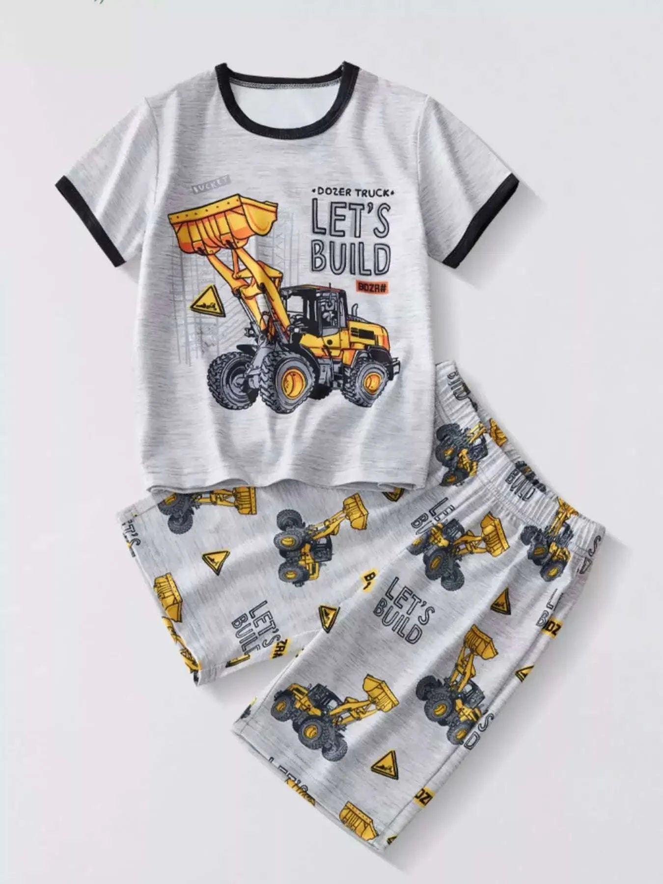 Heather gray kids tee and shorts set with black trim and dozer truck graphic print