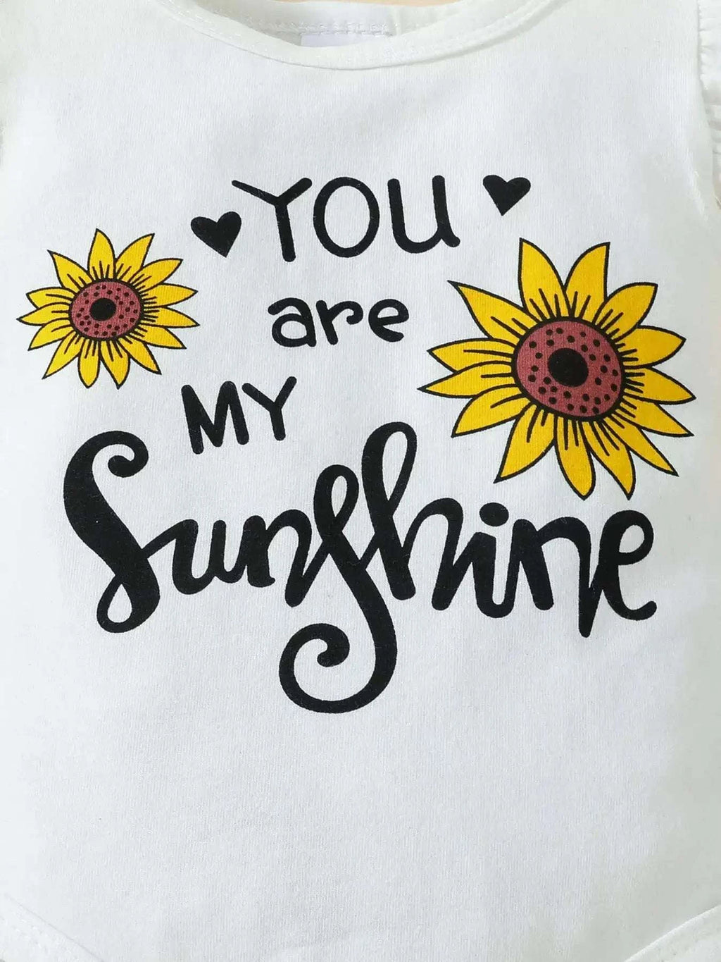 Off-white bodysuit with 'You are my Sunshine' print and sunflower heart accents