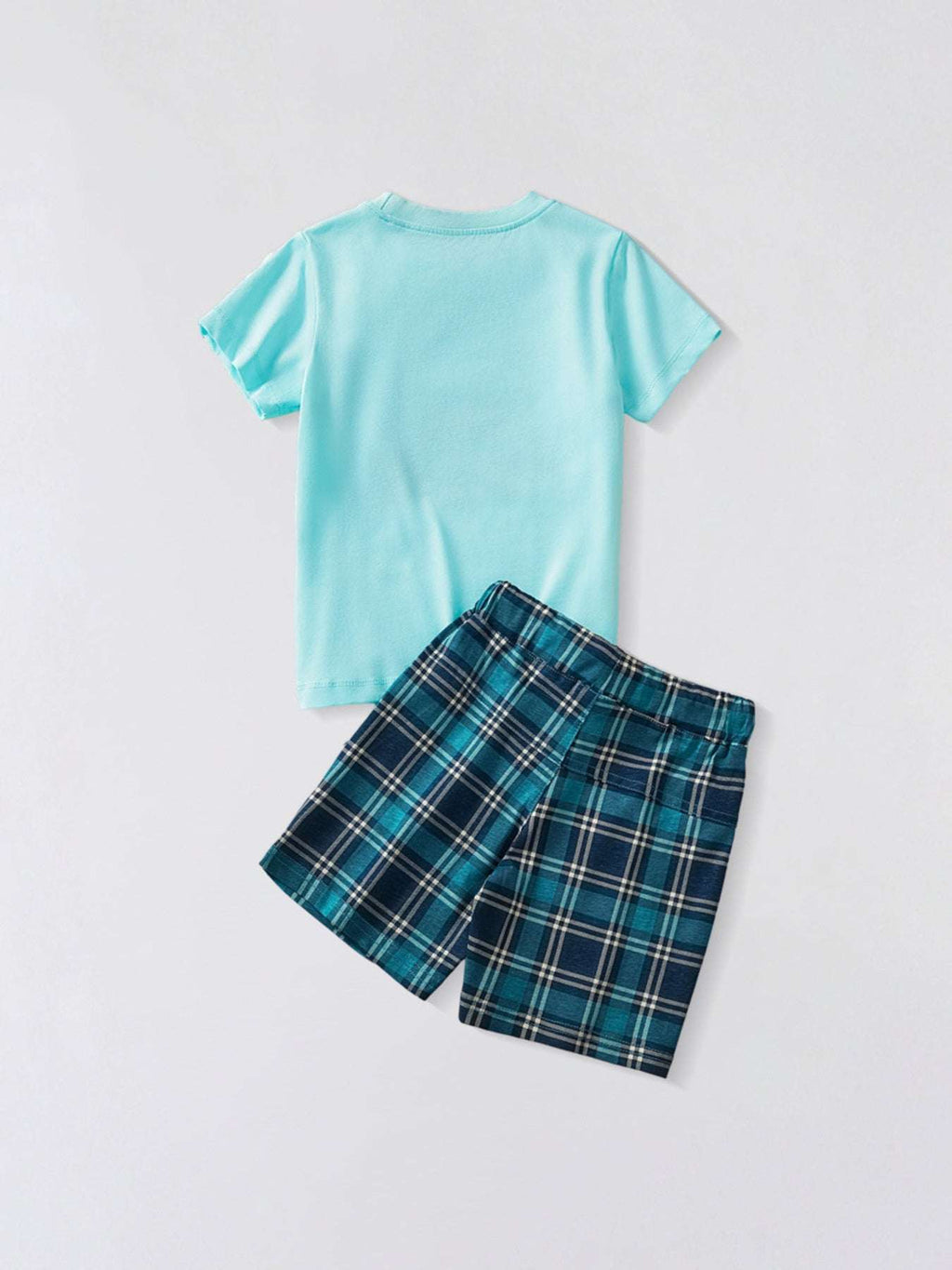 Kids aqua plain T-shirt and teal plaid drawstring shorts set