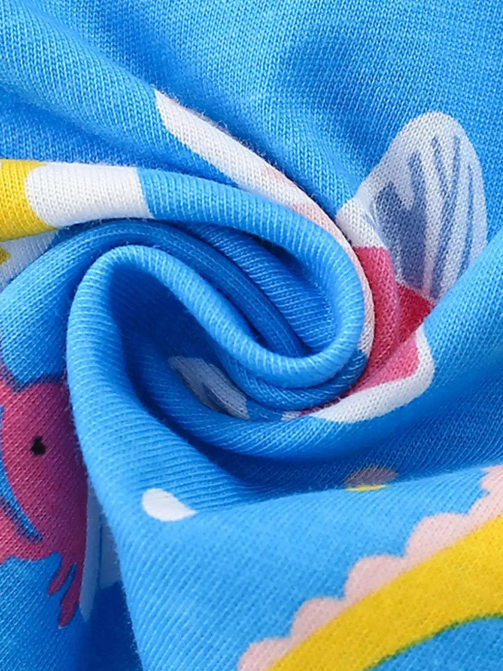 Sky-blue ocean-print knit fabric fold with multicolor sea animals