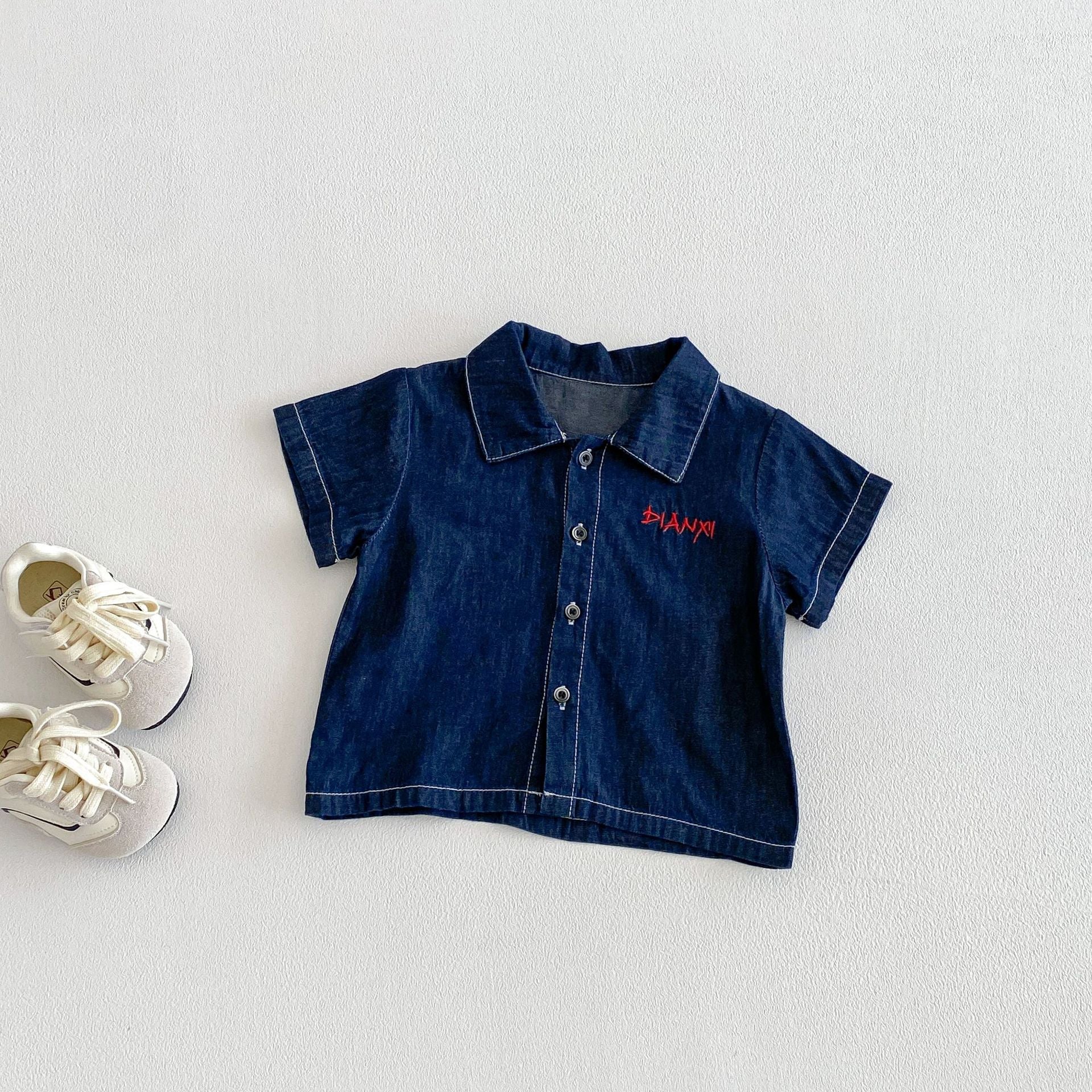 Baby Casual Simple Denim Shirt Set, Boys' Summer New Short Sleeve Checkered Pants Two-Piece Set