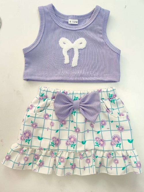 Lavender ribbed tank top and floral ruffle skirt set with bow detail