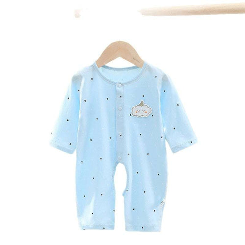 Light blue cotton baby romper with long sleeves and cloud chest applique