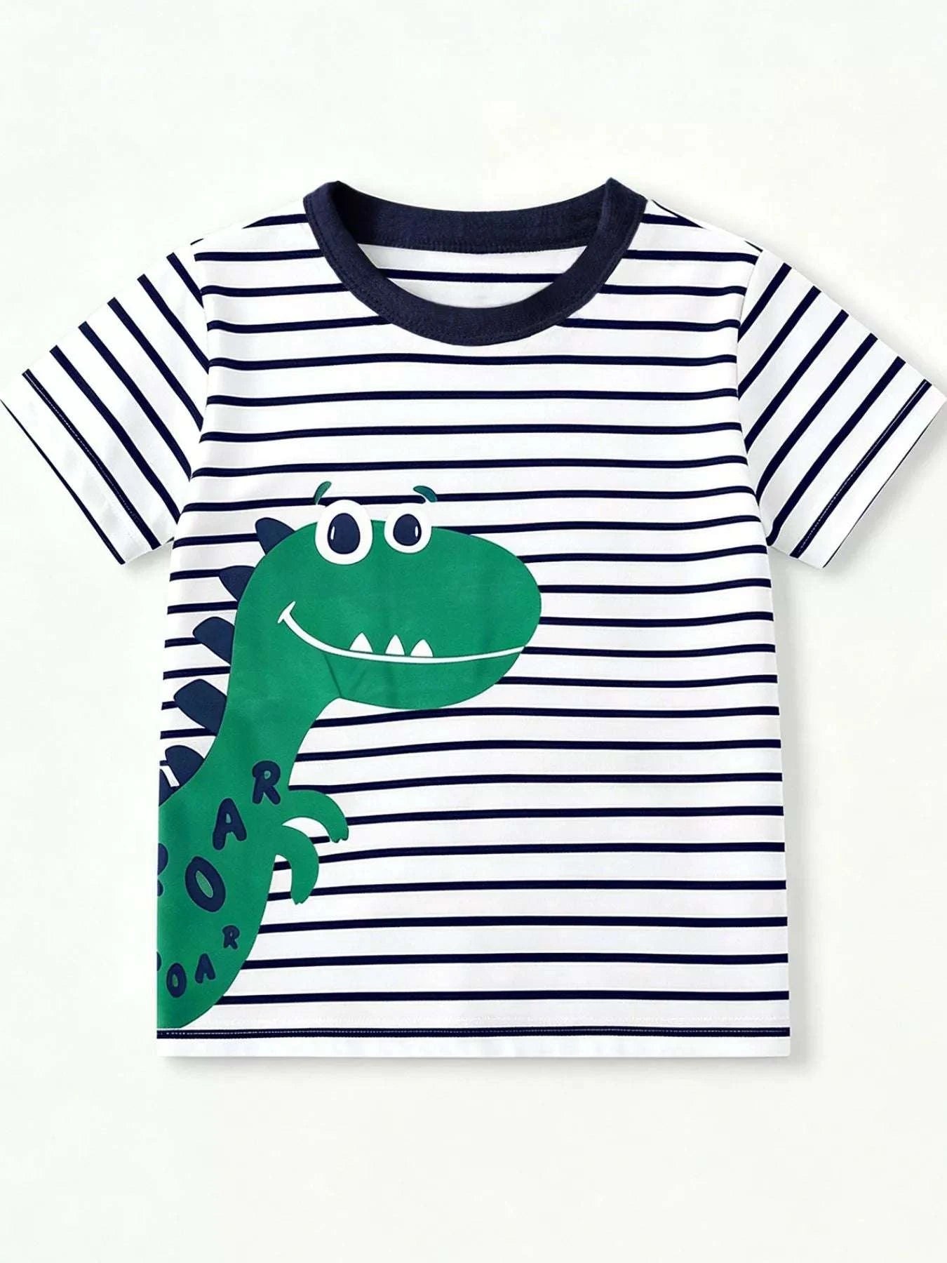 Dinosaur graphic T-shirt with white-and-navy stripes and green T-Rex front print