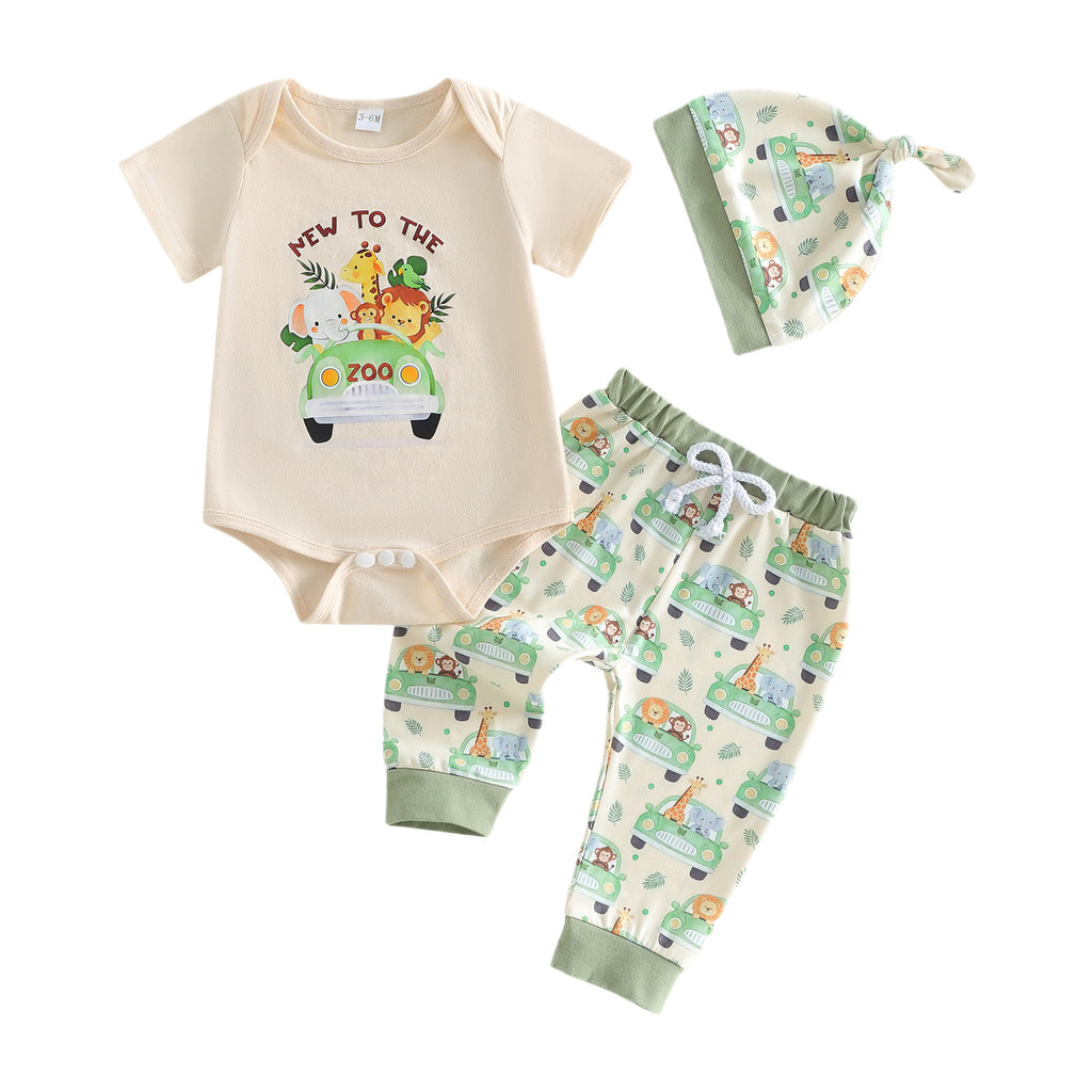 Summer Baby Cotton 3-Piece Set Cartoon Animal Print Short Sleeve Long Pants Outfit Unisex Baby Cute Loungewear