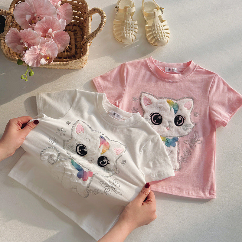 3D Cartoon Cute Cat Brick Design Sweet Top New Short Sleeve Summer Lightweight T-Shirt for Kids and Toddlers
