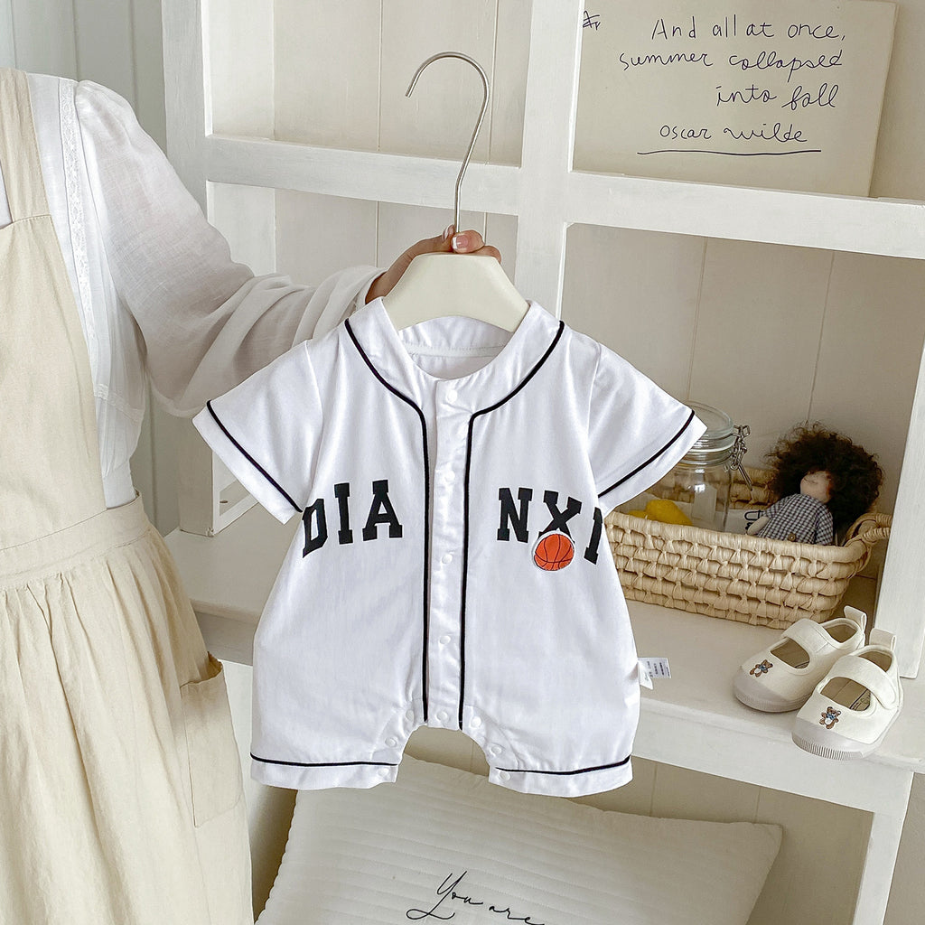 Baby Summer New  Short Sleeve Bodysuit with Basketball Applique Knit Open-Crotch Romper