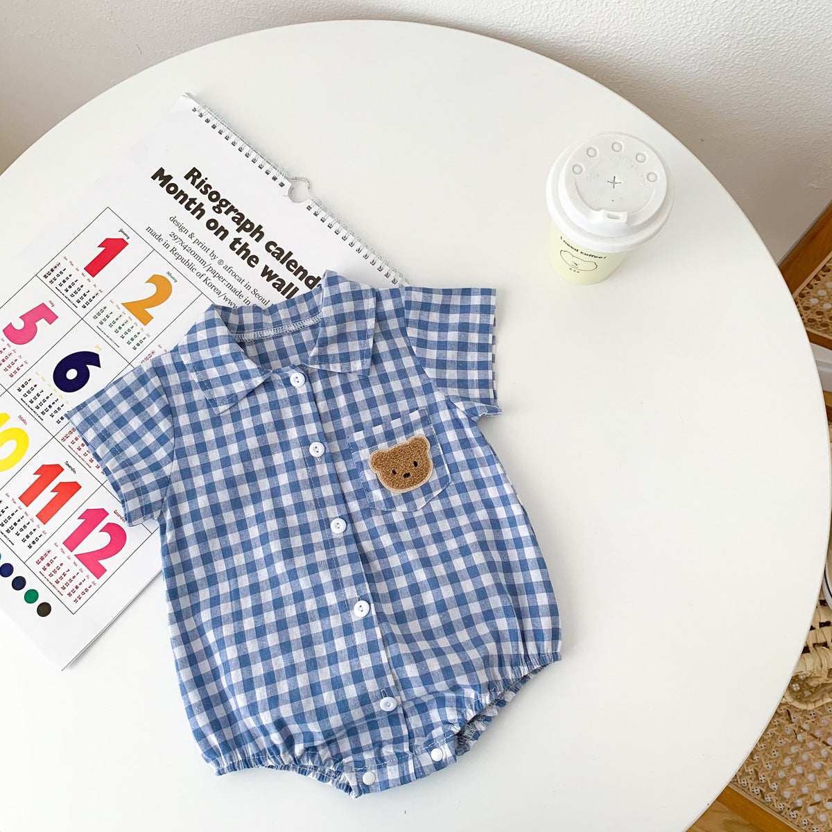 Summer Boy's Gentleman Collar Romper with Plaid Bear Pattern Lightweight Baby Onesie