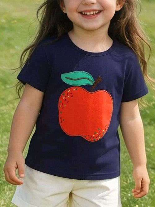 Children's dark navy short-sleeve T-shirt with embroidered orange apple graphic