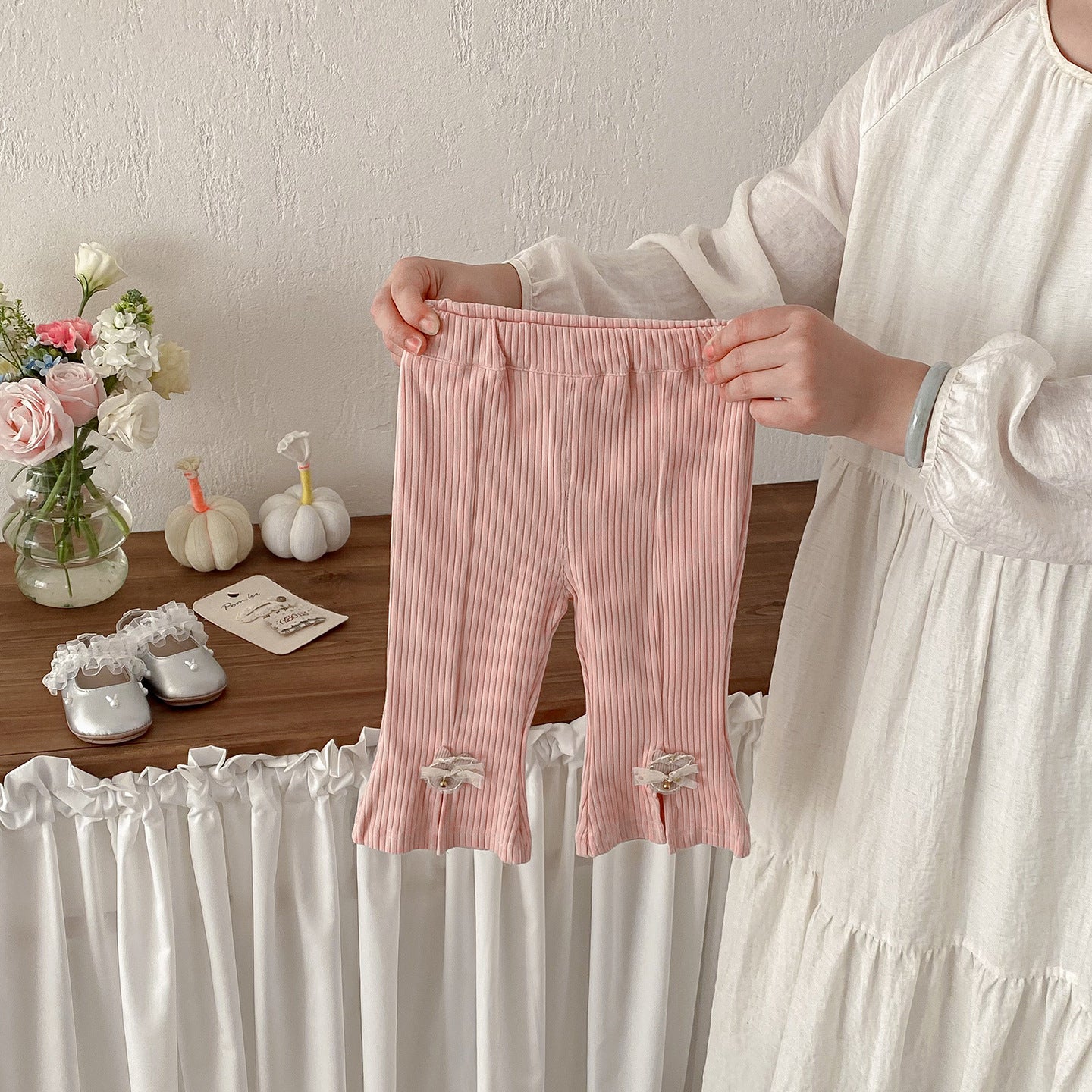 Cute Butterfly Knot Knit Pants for Baby Girls, Spring New Style, Forked Cuff Design, Fashionable and Versatile