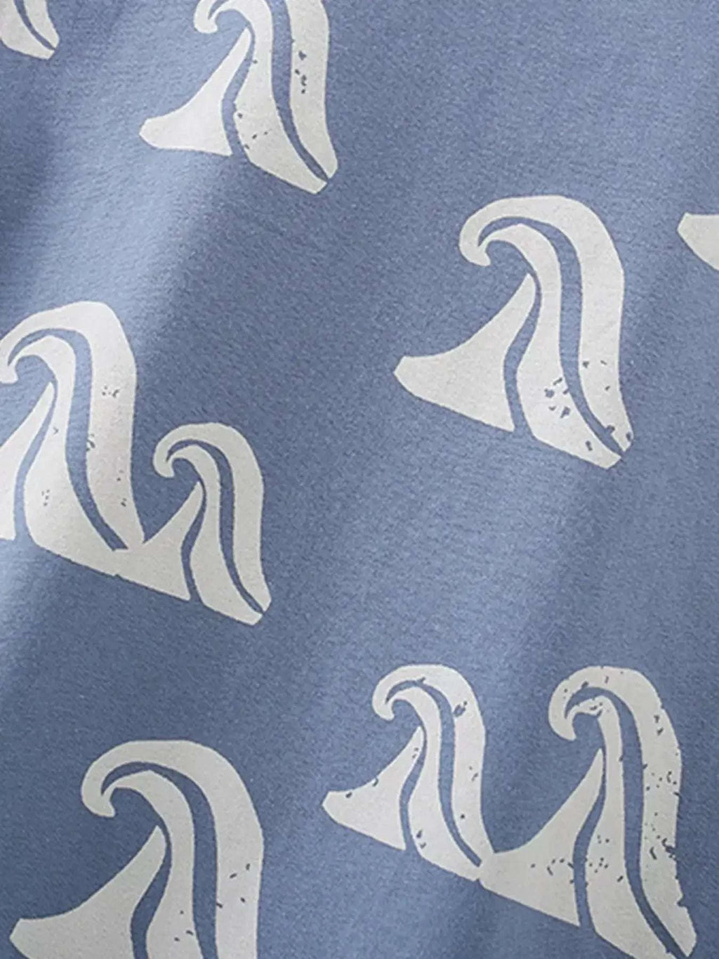 Dusty blue ocean wave print fabric, scattered wave icons