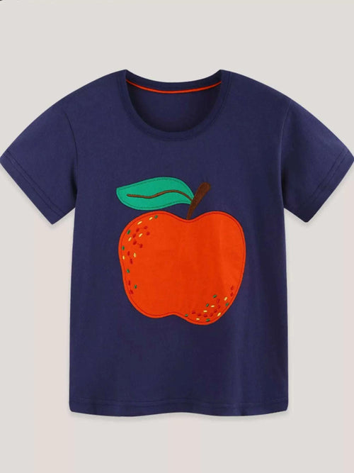 Children's dark navy short-sleeve T-shirt, orange apple applique with green leaf