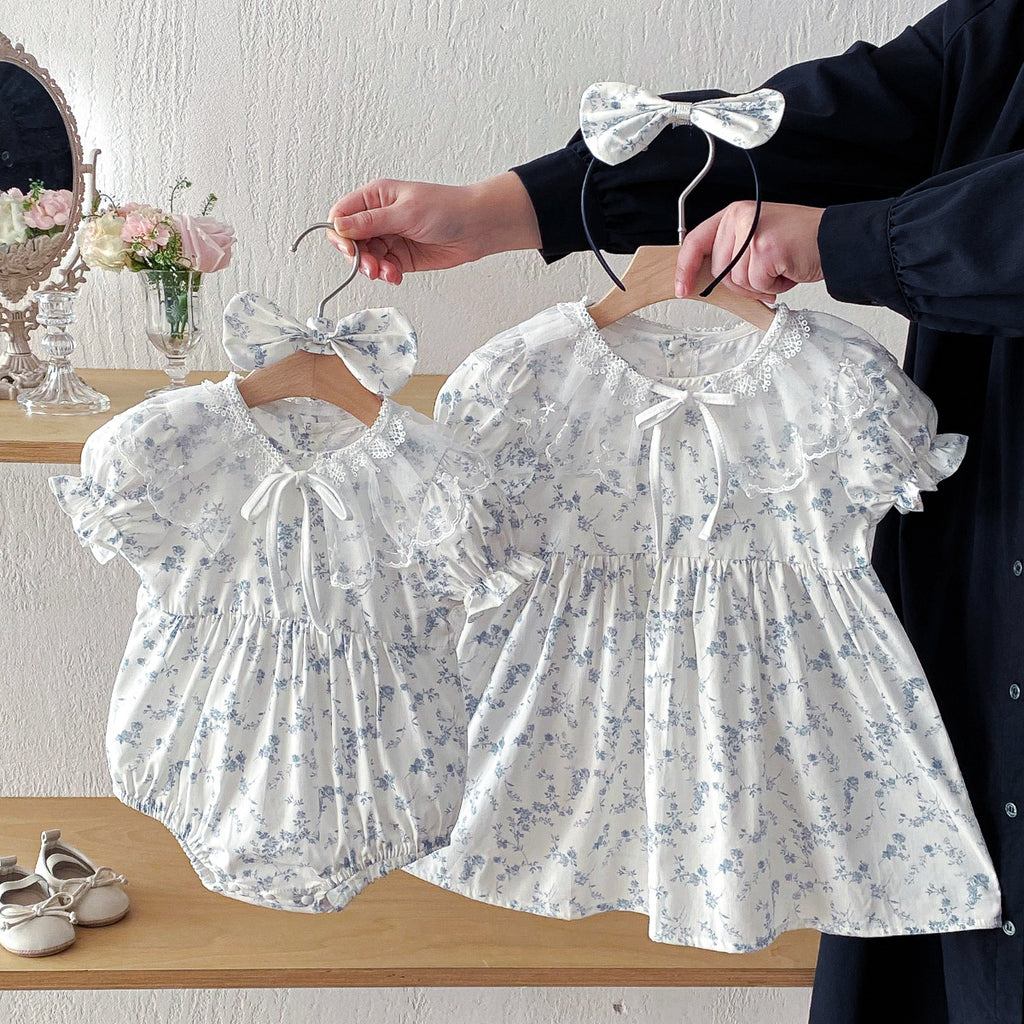 Cute Baby Short Sleeve Triangular Romper with Lace Collar Princess Dress Fashion Twin Set