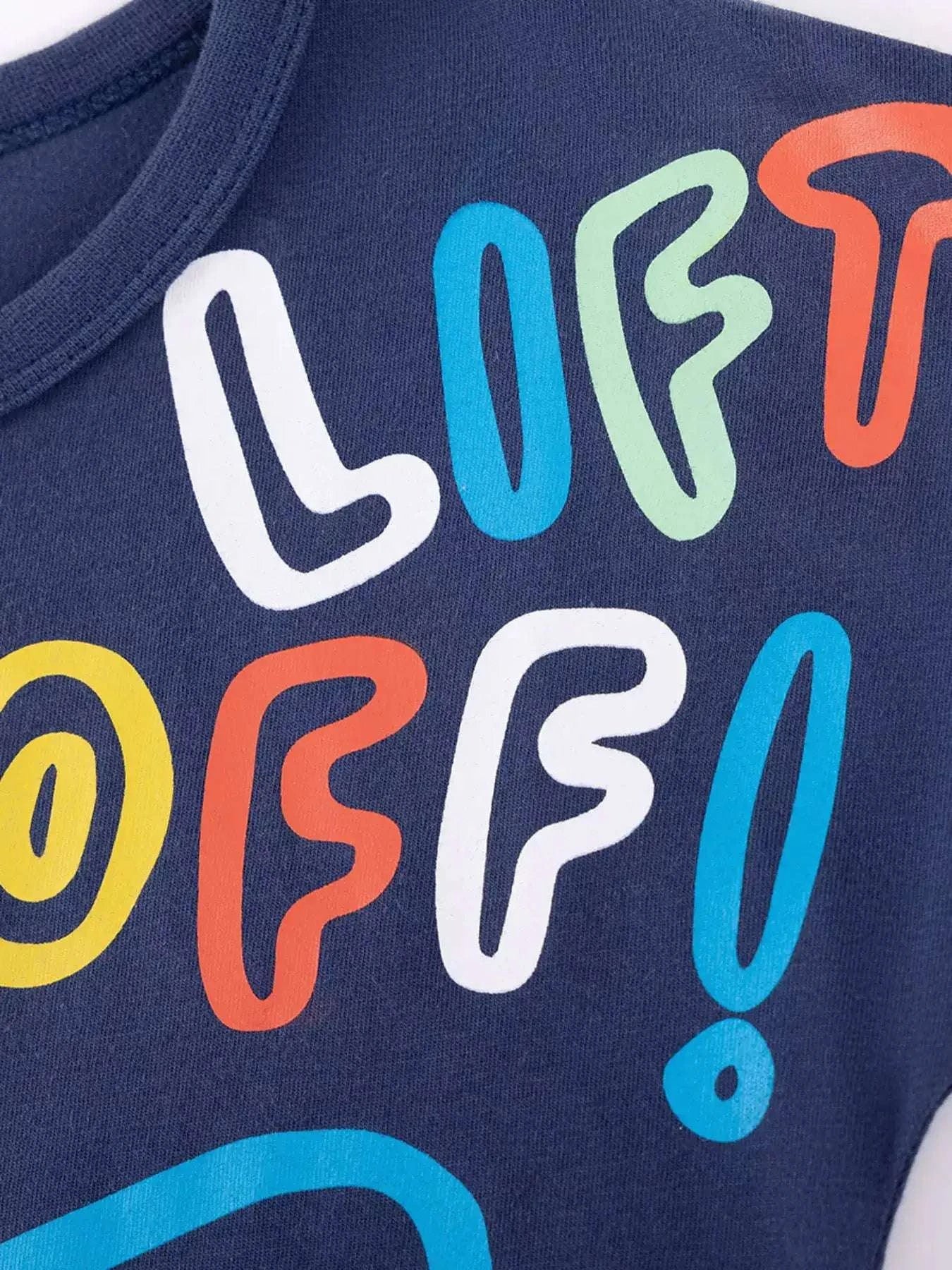 Children's dark blue rocket T-shirt with multicolor graphic lettering