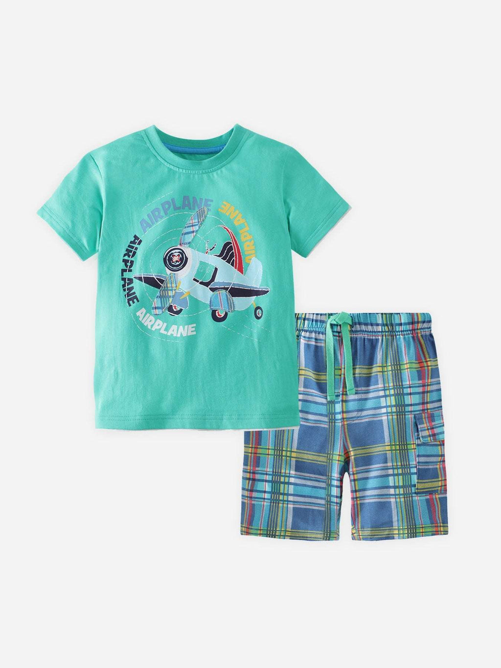 Turquoise graphic tee and plaid shorts set with elastic drawstring waistband
