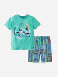 Turquoise graphic tee and plaid shorts set with elastic drawstring waistband