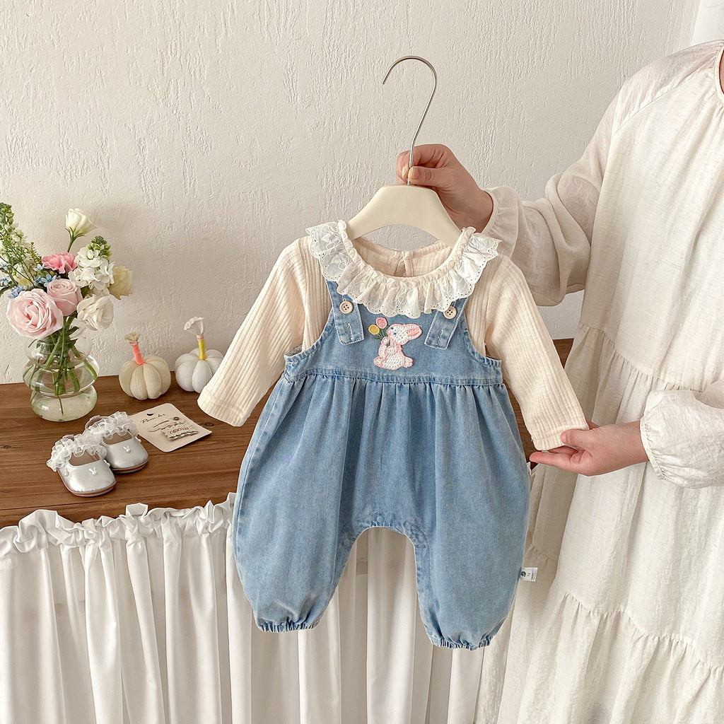 Baby Spring New Rabbit Ears Overalls Set, Girl Baby Lace Shirt Bodysuit Two-Piece Set