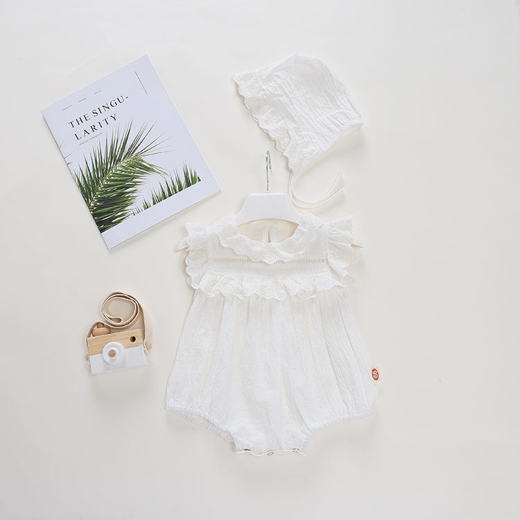 Baby Summer Lightweight Onesie for Girls with Lace Trim and Hat, Pure Cotton