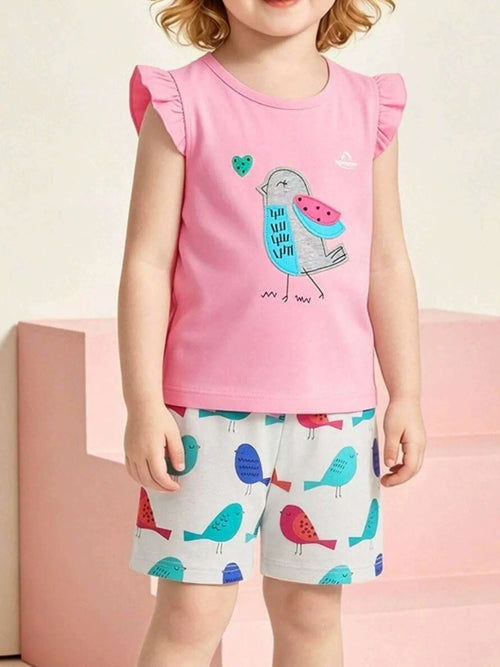 Kids pink ruffle-sleeve top and bird print shorts worn by a child